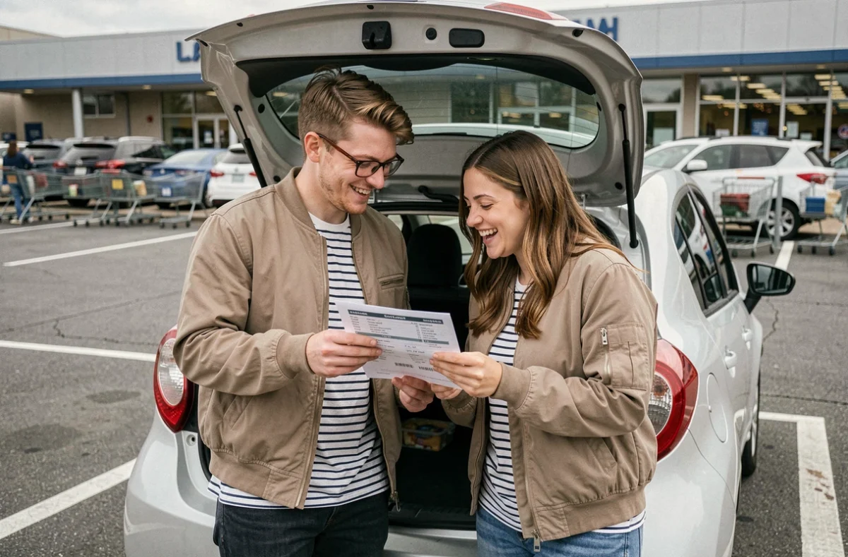 Deux jeunes conducteurs planifiant un trajet économique en carburant dans un parking