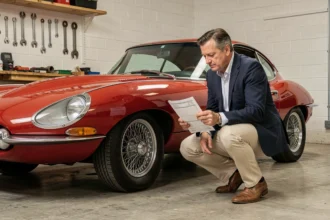 Homme examinant une voiture de collection vintage rouge dans un garage privé avec un devis d'assurance auto à la main