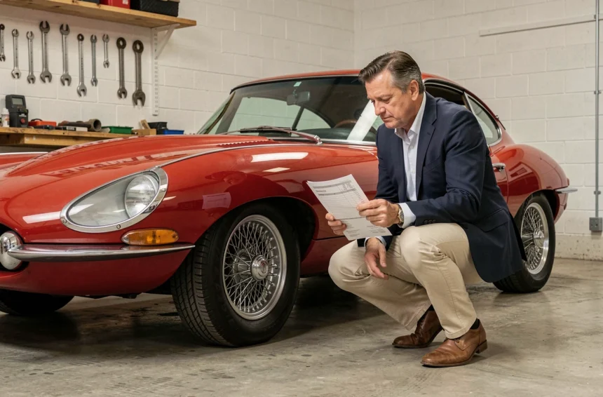 Homme examinant une voiture de collection vintage rouge dans un garage privé avec un devis d'assurance auto à la main