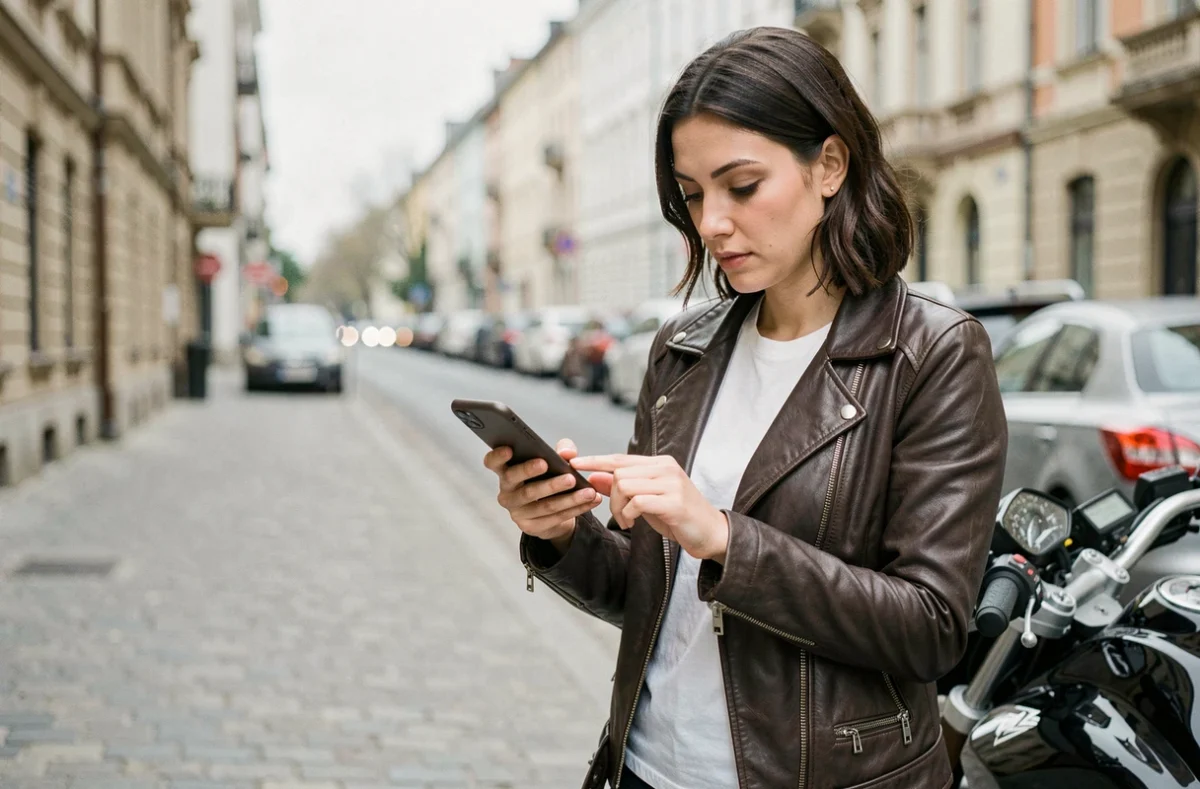 Femme motarde consultant son smartphone pour obtenir un devis d'assurance moto dans une rue urbaine