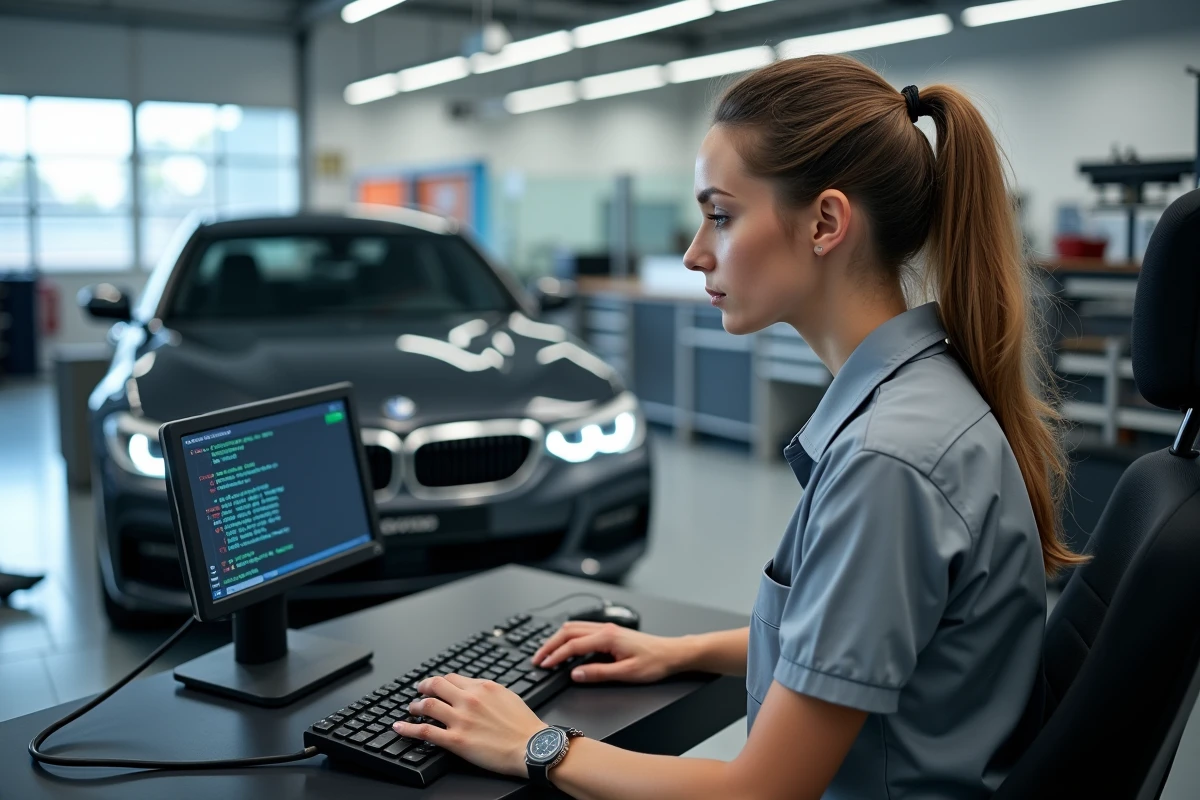 Technicienne automobile analysant les codes défauts d'un moteur BMW B47 sur outil de diagnostic professionnel