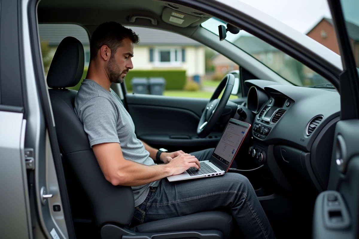 Particulier effectuant un diagnostic Renault code 1525F3 lui-même avec un ordinateur portable et un adaptateur OBD