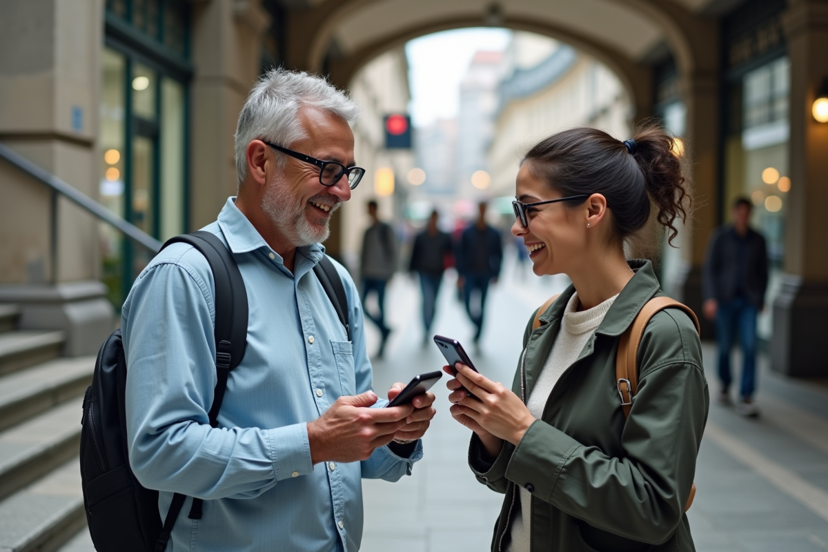 Homme et femme discutant des prix de covoiturage à la gare