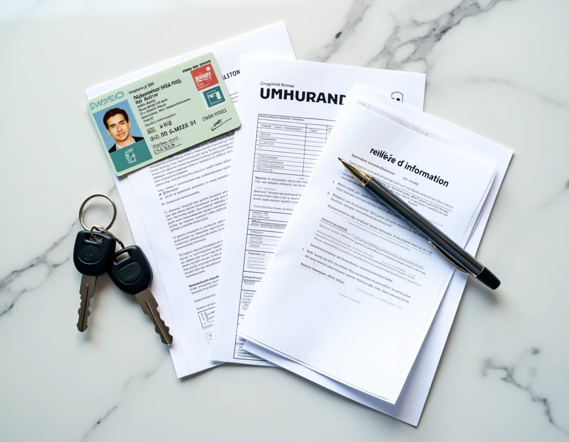 Documents nécessaires pour souscrire une assurance voiture disposés sur une surface en marbre gris