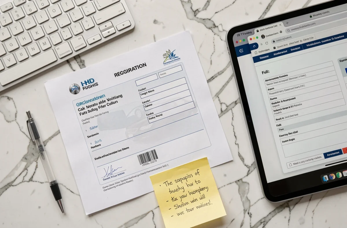 Vue de dessus d'un dossier de carte grise avec formulaire en ligne, stylo et document officiel sur un bureau, illustrant les pièges à éviter lors d'une demande de carte grise