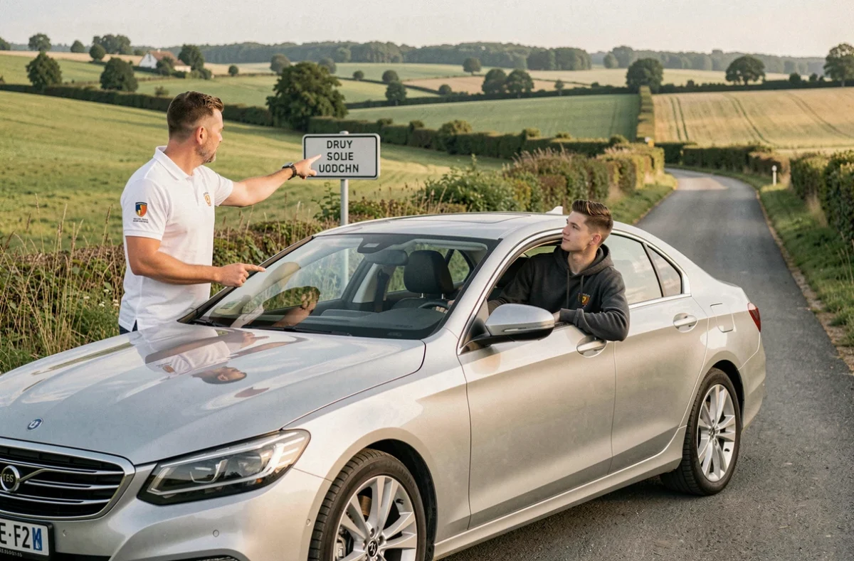 Un moniteur de Driving School Personeni Clerc expliquant la signalisation routière à son élève au bord d'une route de campagne dans le Doubs