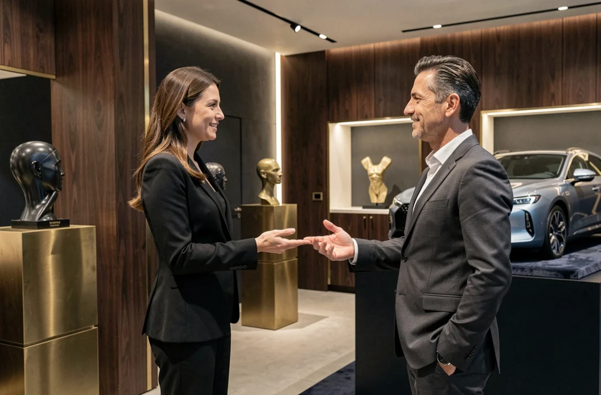 Showroom haut de gamme DS World Paris avec panneaux en noyer et modèle DS exposé