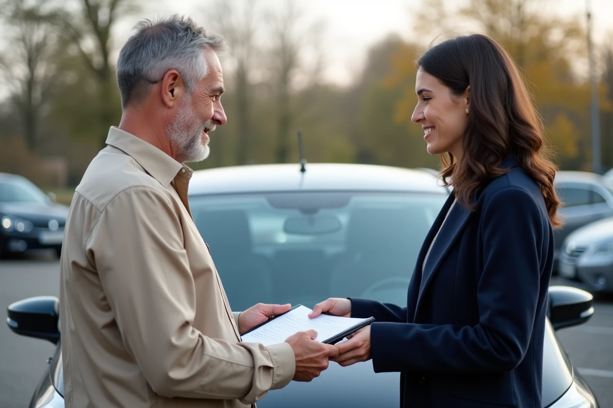 Échange d'une carte grise lors d'une transaction de vente de véhicule entre un vendeur et un acheteur dans un parking