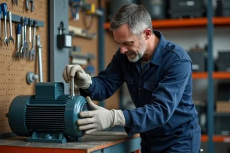 Électricien installant un condensateur sur un moteur électrique dans un atelier professionnel