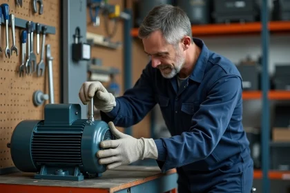Électricien installant un condensateur sur un moteur électrique dans un atelier professionnel