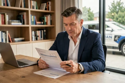 Entrepreneur en blazer marine examinant un document d'assurance auto obligatoire à son bureau