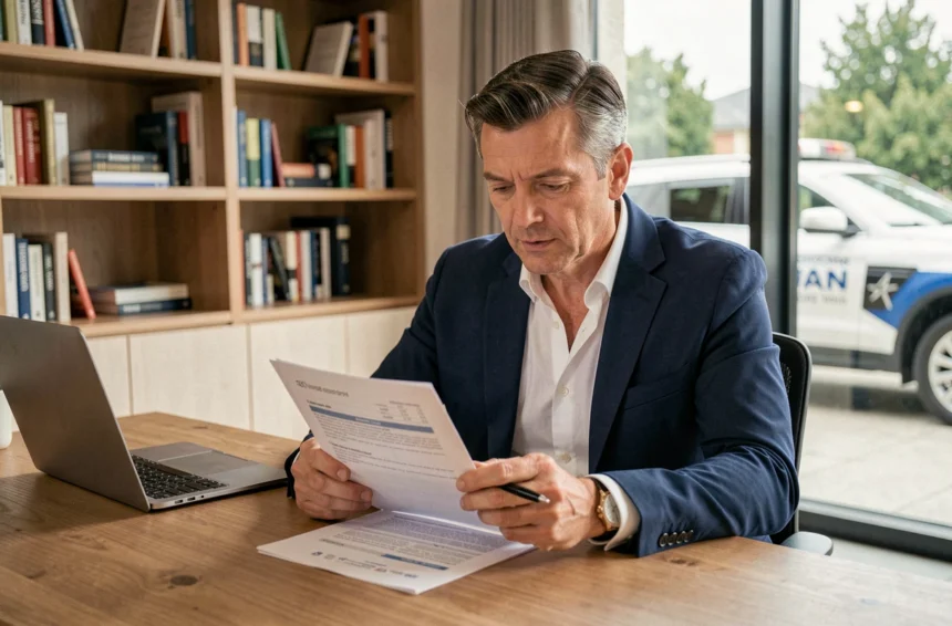 Entrepreneur en blazer marine examinant un document d'assurance auto obligatoire à son bureau
