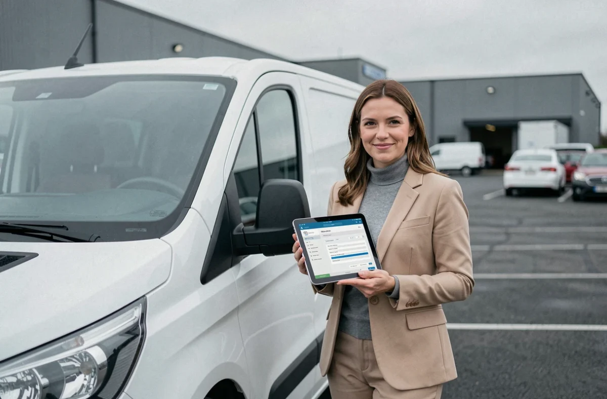 Entrepreneuse debout près d'un véhicule utilitaire blanc consultant une police d'assurance auto sur tablette