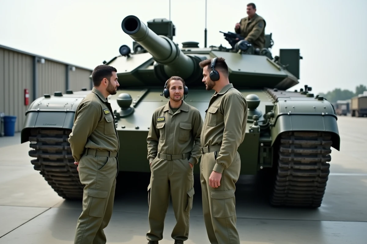 Équipe de soldats en tenue de maintenance près du char