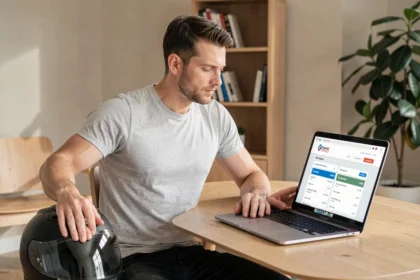 Homme consultant une estimation de prix d'assurance moto sur un ordinateur portable avec un casque posé sur le bureau