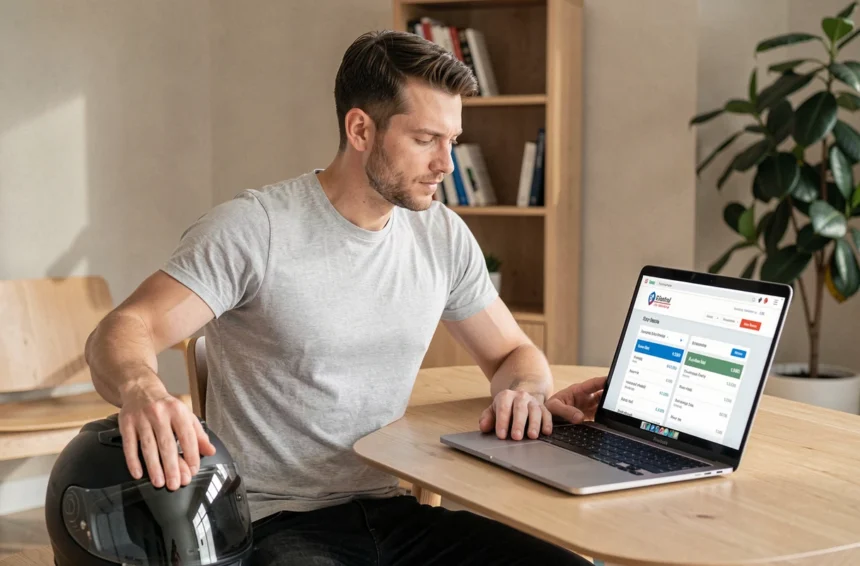 Homme consultant une estimation de prix d'assurance moto sur un ordinateur portable avec un casque posé sur le bureau