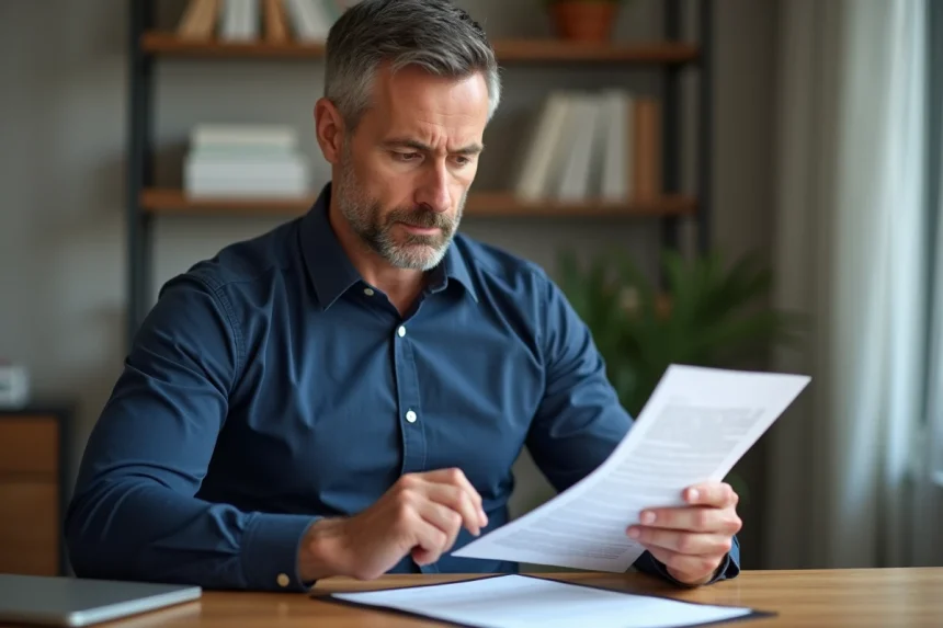 Homme examinant attentivement un contrat de transaction automobile avec des frais détaillés