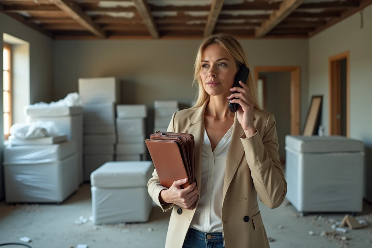 Experte en assurance évaluant les dommages dans un intérieur sinistré en cours d'expertise après catastrophe