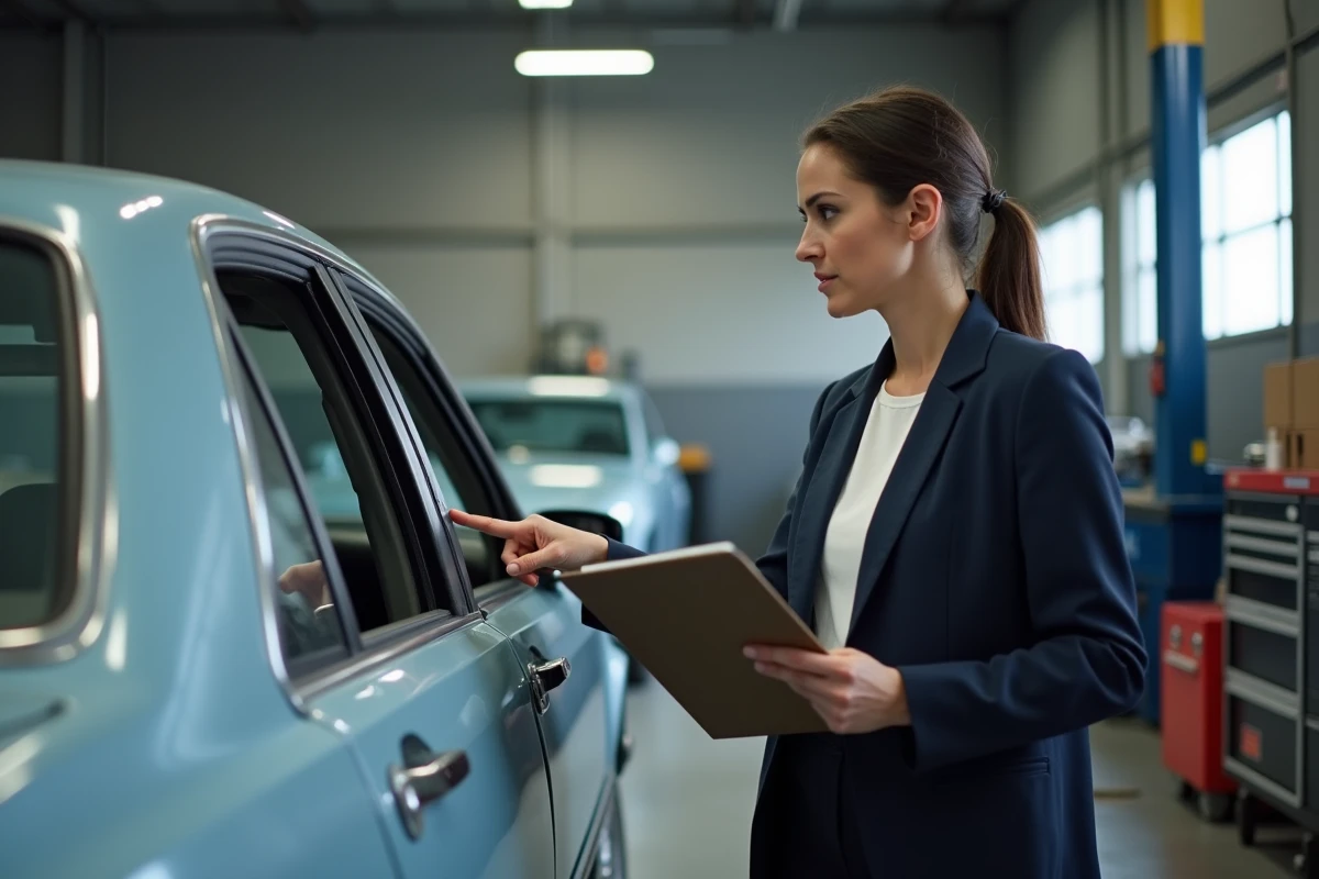 Experte automobile évaluant les dégâts de carrosserie mal réparée sur une vieille voiture dans un garage d'expertise, erreurs qui font baisser la cote d'un véhicule