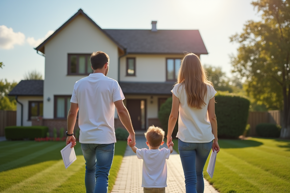 Famille devant leur maison avec un document d