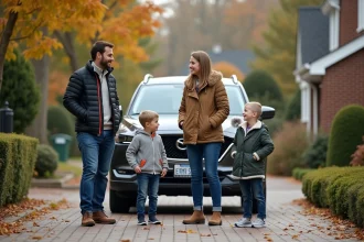 Famille de quatre près d'un SUV dans une allée résidentielle