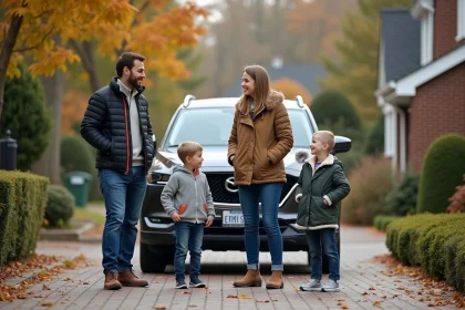 Famille de quatre près d'un SUV dans une allée résidentielle