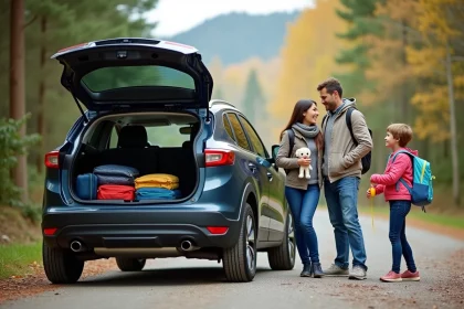 Famille avec SUV dans la nature au bord de la forêt