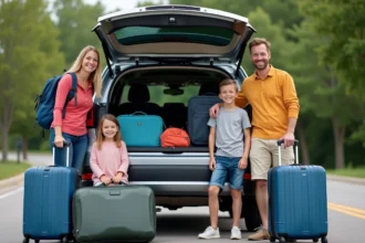 Famille souriante avec voiture de voyage en plein air