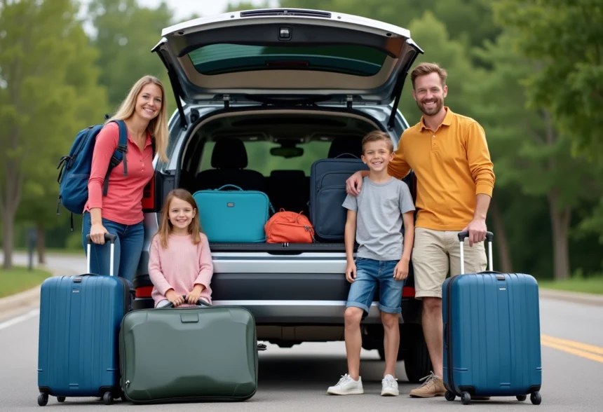 Famille souriante avec voiture de voyage en plein air