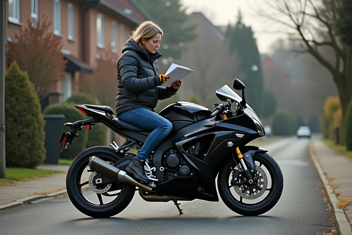 Femme discutant avec un vendeur à côté d une moto dans une rue résidentielle