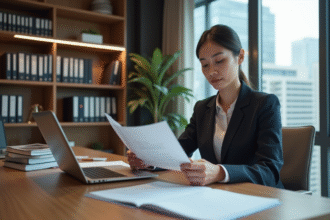 Femme d affaires analysant des documents d assurance dans un bureau moderne