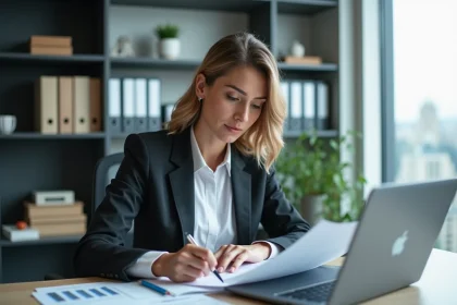 Femme d'affaires concentrée devant son ordinateur en bureau moderne