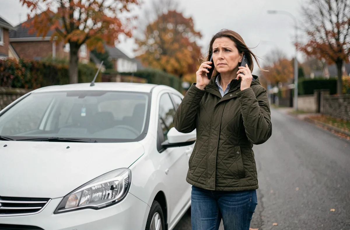 Femme contactant le service après-vente Aramisauto depuis son téléphone après une panne en bord de route