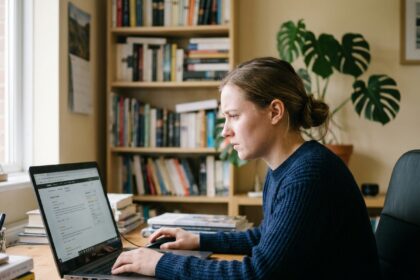 Jeune femme consultant des avis en ligne sur un ordinateur portable pour choisir une auto-école