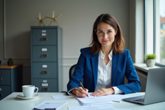 Femme française en blazer bleu remplissant des papiers au bureau