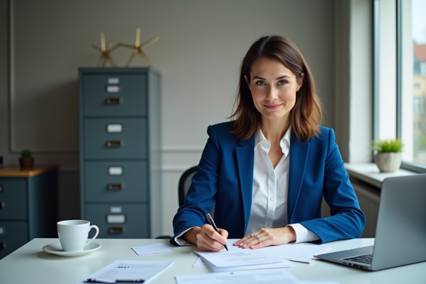 Femme française en blazer bleu remplissant des papiers au bureau