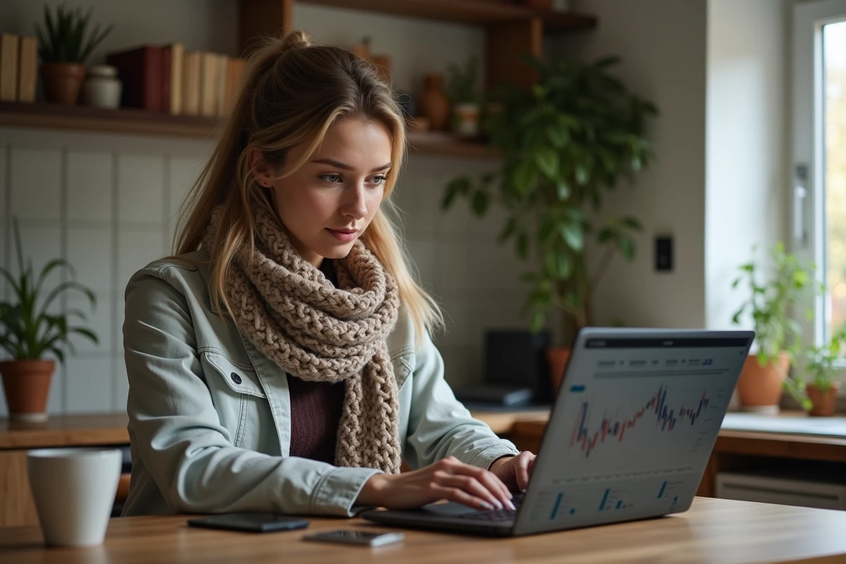 Femme regardant prix TMAX sur ordinateur à la maison