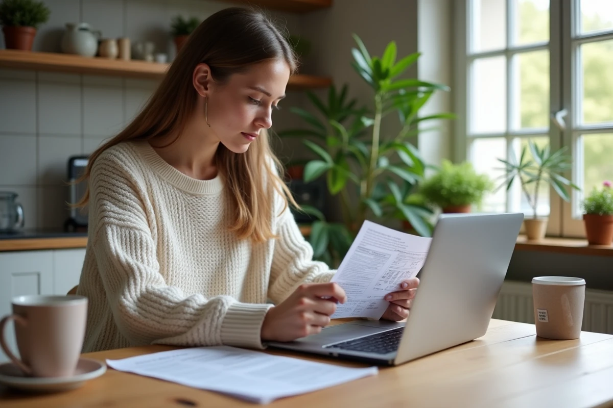 Jeune femme calculant taxe voiture sur un ordinateur portable à la maison