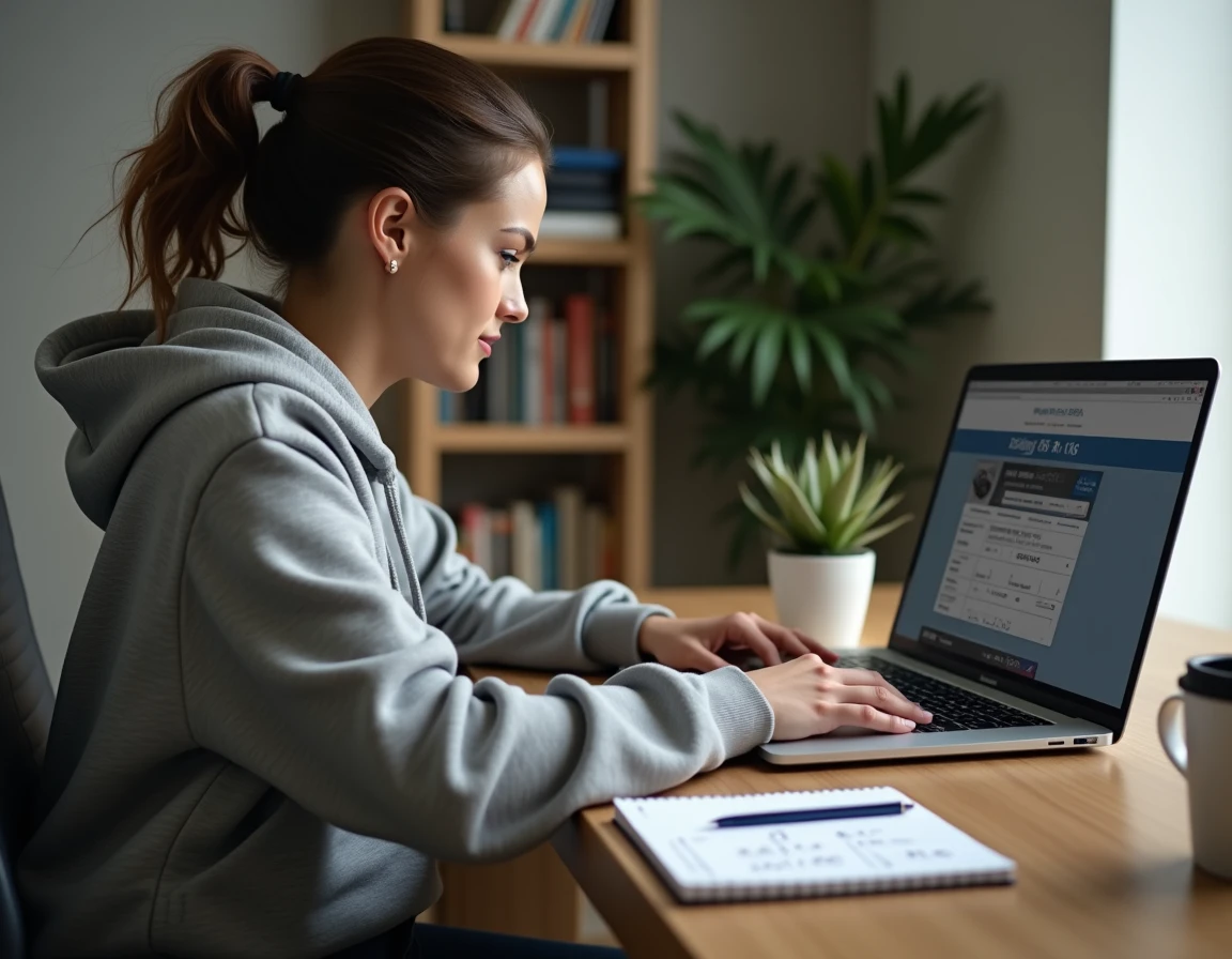 Femme utilisant un calculateur de taille de pneu en ligne sur un ordinateur portable à domicile