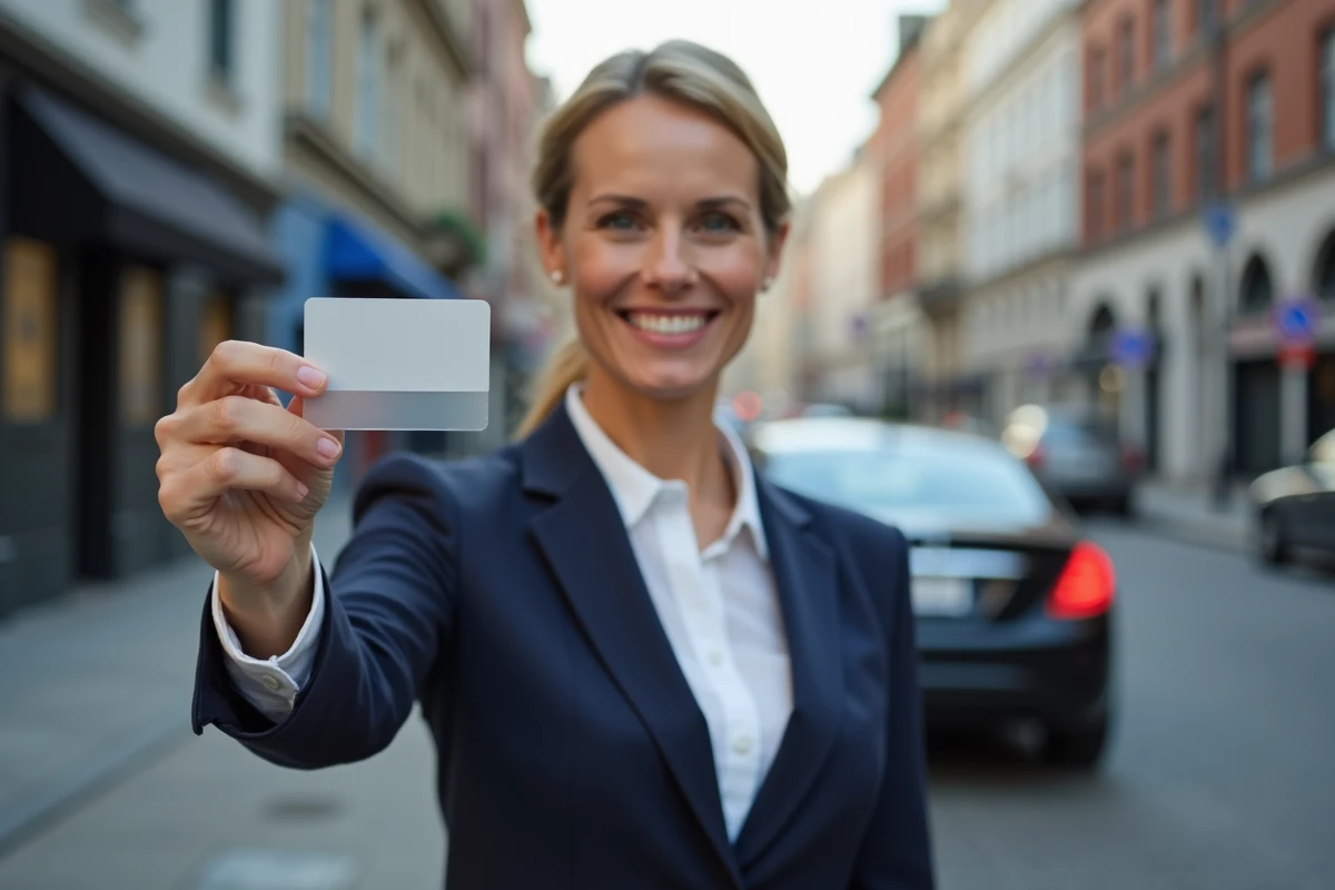 Femme tenant une carte professionnelle en extérieur