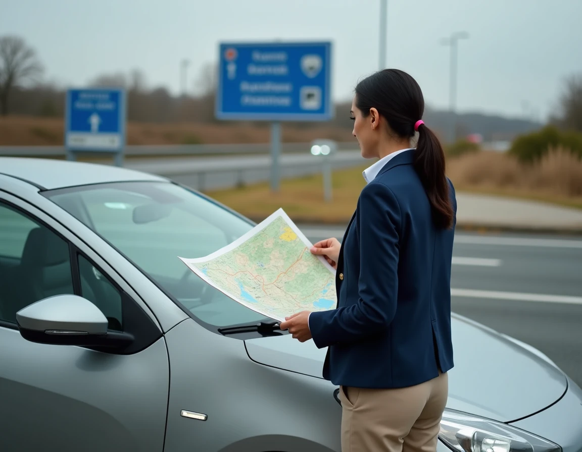 Femme consultant une carte routière pour éviter les péages d'autoroute en France