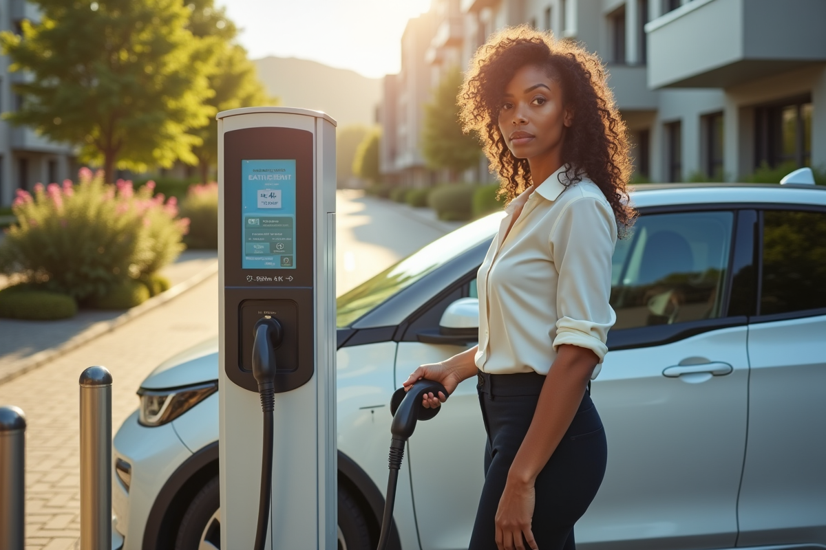 Jeune femme branchant une voiture électrique dans un parking suburbain