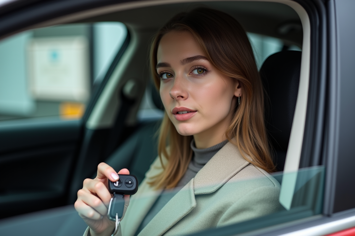 Jeune femme tenant des clés de voiture dans un concessionnaire