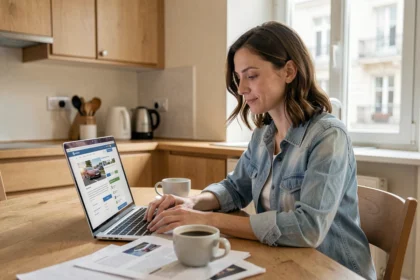 Femme comparant des offres d'assurance auto pas chère sur un ordinateur portable dans une cuisine moderne