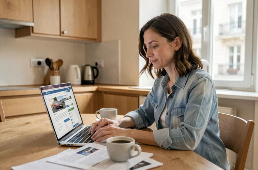 Femme comparant des offres d'assurance auto pas chère sur un ordinateur portable dans une cuisine moderne