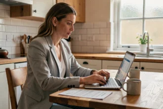 Femme comparant des devis d'assurance auto en ligne sur un ordinateur portable dans une cuisine moderne