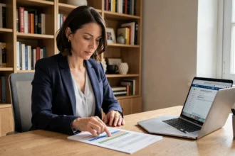Femme comparant des offres d'assurance auto sur des documents imprimés dans un bureau à domicile