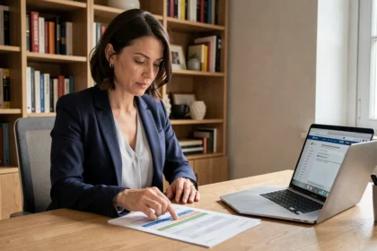 Femme comparant des offres d'assurance auto sur des documents imprimés dans un bureau à domicile