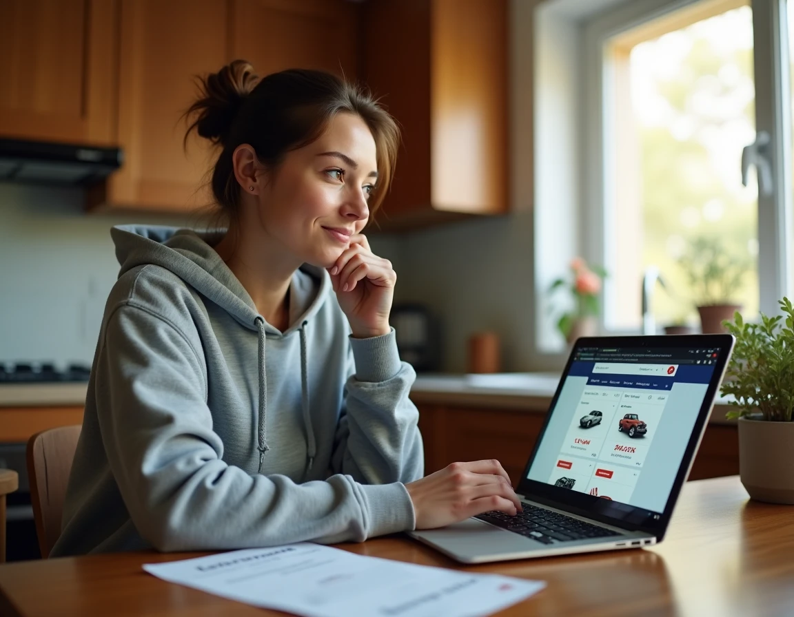 Femme comparant les prix de pièces automobiles sur un site e-commerce depuis son domicile pour économiser sur l'entretien de sa voiture