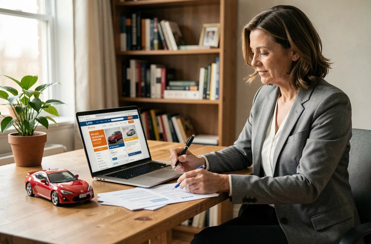 Femme comparant des offres d'assurance pour Toyota 86 sur un ordinateur portable dans un bureau à domicile